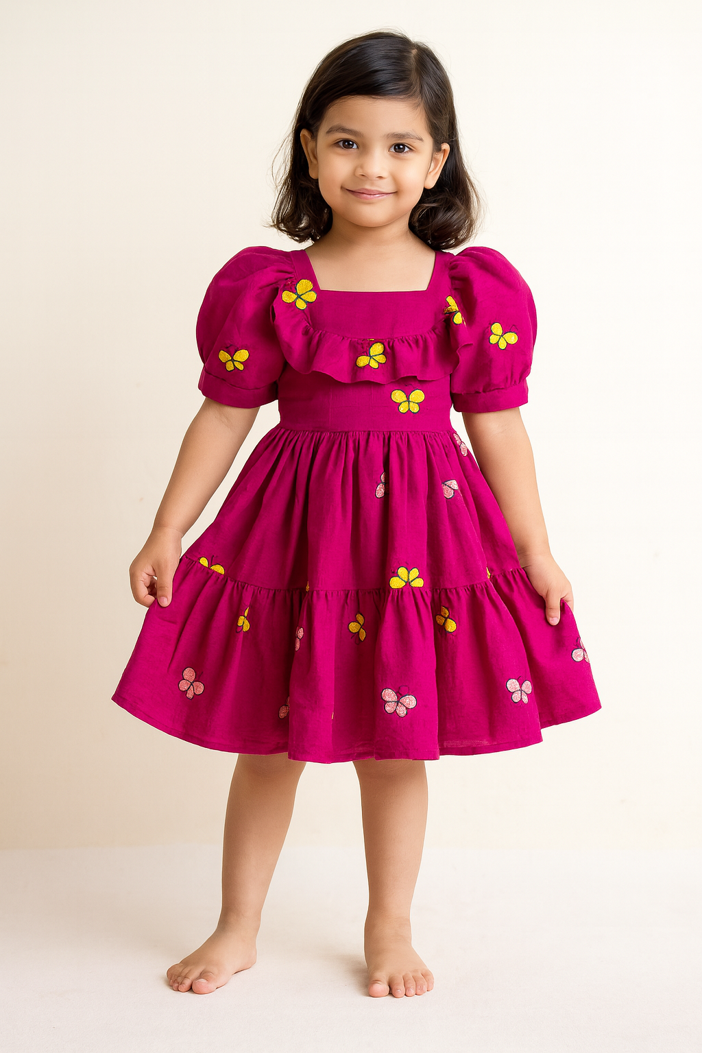 Kids Dark Pink With  Embroidery Butterfly Cotton Frock CF375