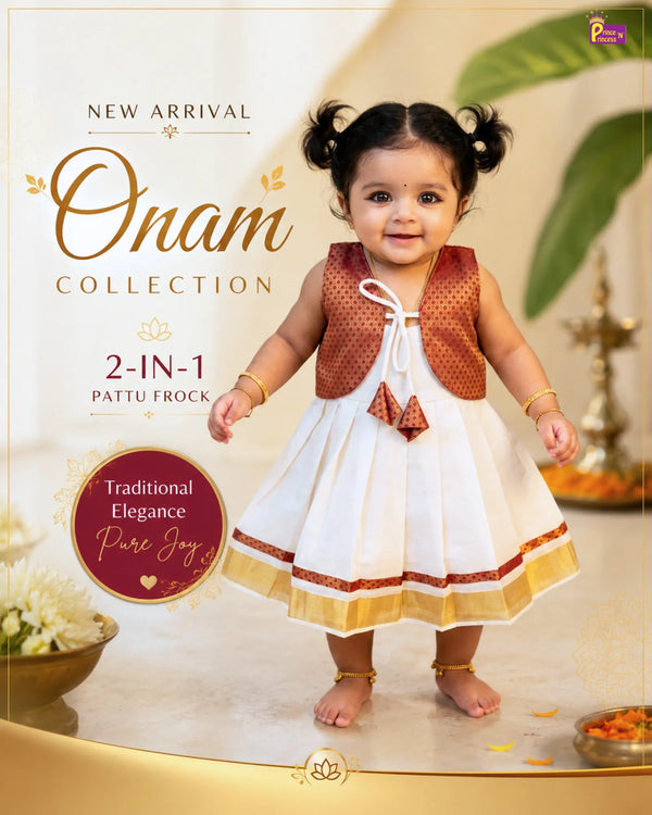 Newborn Baby Onam Coat Pattu Frock – Maroon Gold Jacket Dress LF2017