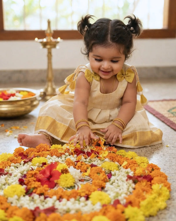 Onam Dress For Newborn Baby Girl - Cream Kerala Cotton Kasavu Frock with Gold Border LF1969