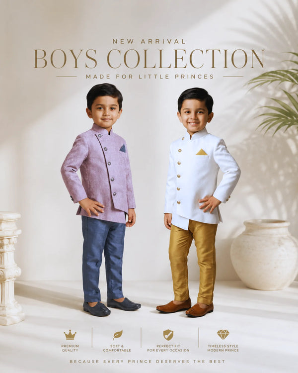 Boys White Jodhpuri Jacket Set – Asymmetric Collar Gold Pant Suit KP226