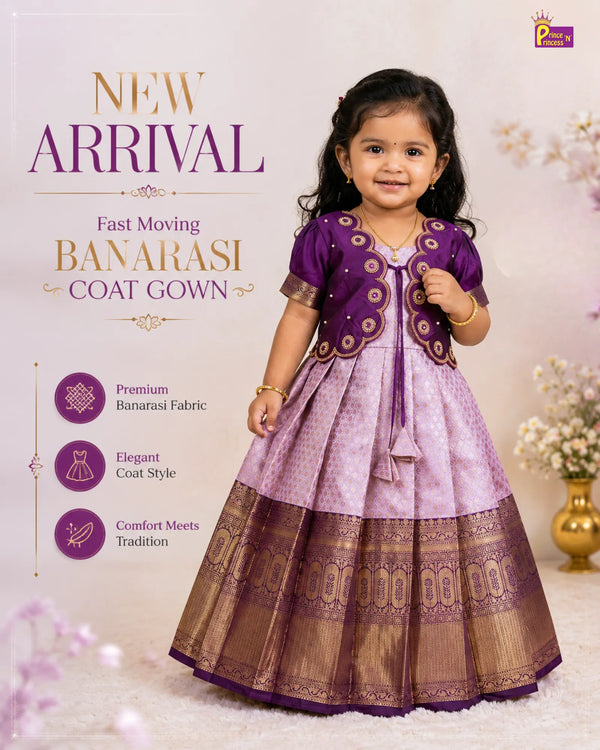 Baby Girl Purple Banarasi Pattu Gown - Aari Work Coat Pattu Gown Set  PG709