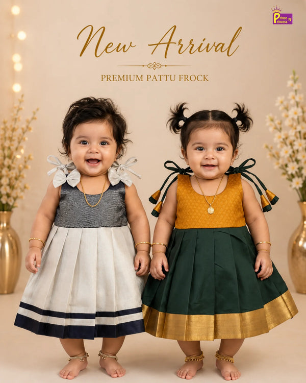 Newborn Baby Girl Silver Grey Silk Pattu Frock – Navy Stripe Border Naming Dress LF1944