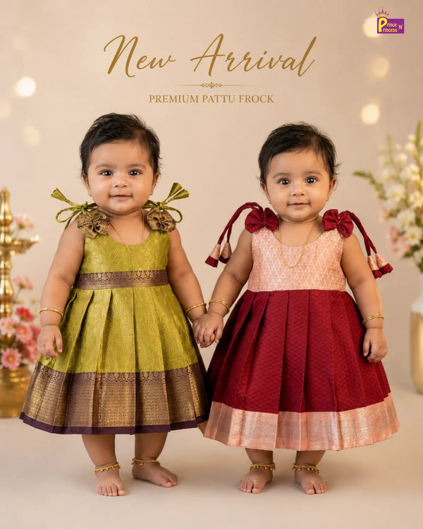 Newborn Baby Girl Peach Brocade & Wine Maroon Silk Pattu Frock – Rose Gold Border Naming Dress LF1945