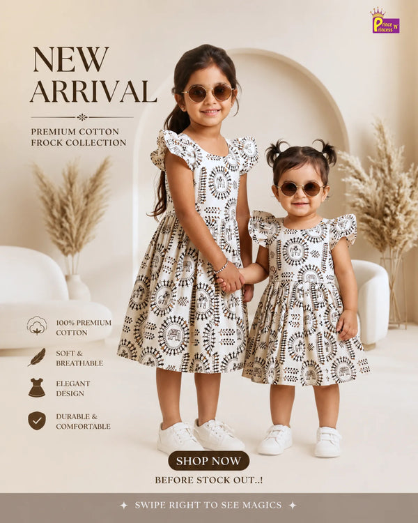 Baby Girl Cream Kalamkari Cotton Dress – Elephant Tribal Print Flutter Sleeve Frock CF426