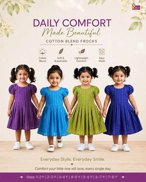 Girls Purple Striped Cotton Frock – Puff Sleeve Everyday Dress CF427