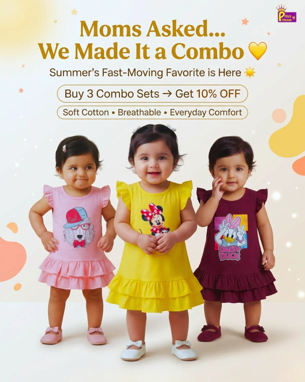 Baby Girls Knitted Cotton Frock | Soft Character Print Summer Dress - 10% COMBO OFFER KF068