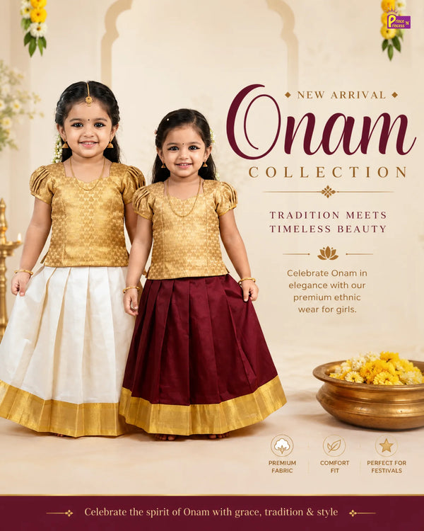 Baby Girl Golden & Cream Kerala Skirt Set - Onam  Pattu Pavadai Dress PPP2090