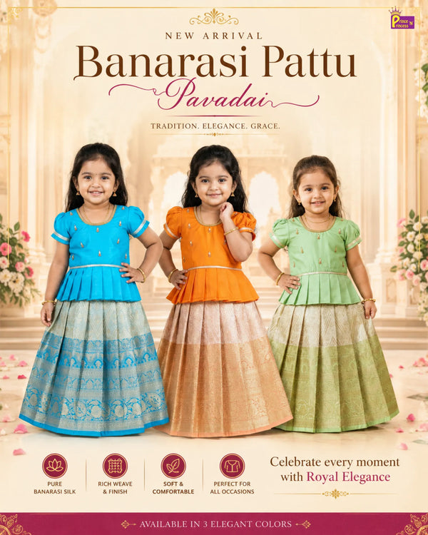 Banarasi Pattu Pavadai for Girls – Sky Blue  Premium Handmade Aari Work PPP2089