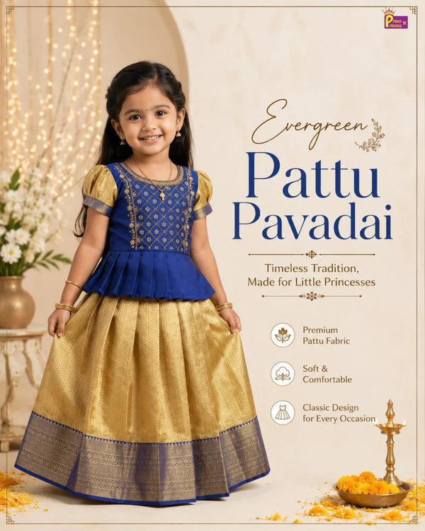 Pattu Pavadai with Aari Work Navy Blue Gold Raw Silk Pattu With Puff Sleeve - PPP1787