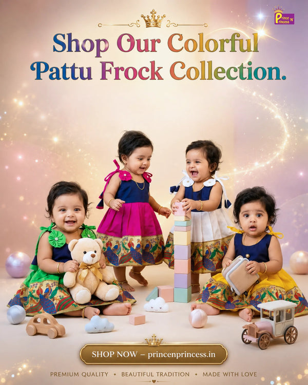 Newborn Pattu Frock with Peacock Border Design - Banarasi Silk Knee Frock LF210