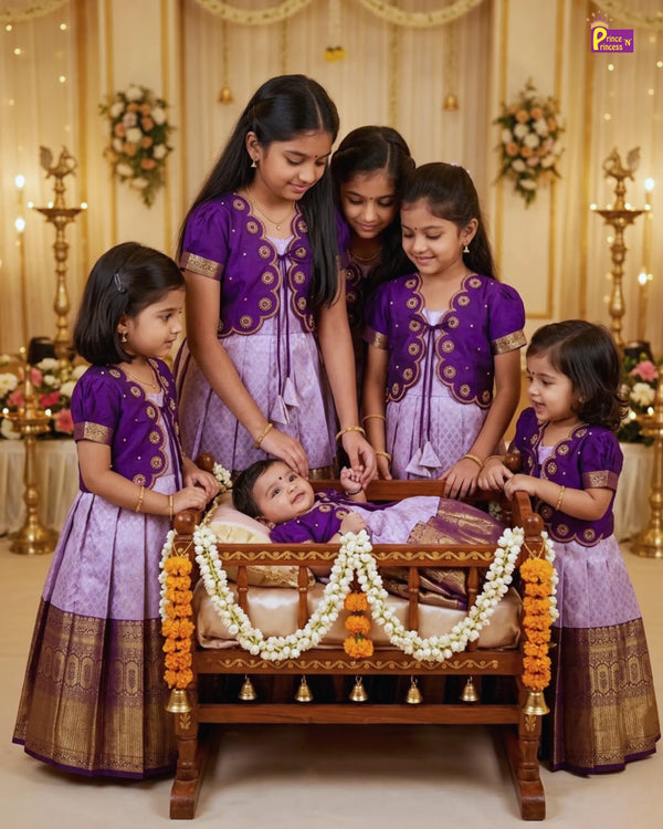 Baby Girl Purple Banarasi Pattu Gown - Aari Work Coat Pattu Gown Set  PG709