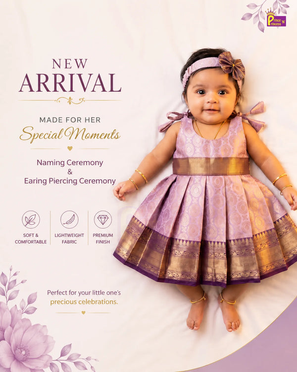 Newborn Baby Girl Banarasi Pattu Frock - Lavender Naming Ceremony Dress + Headband LF2041