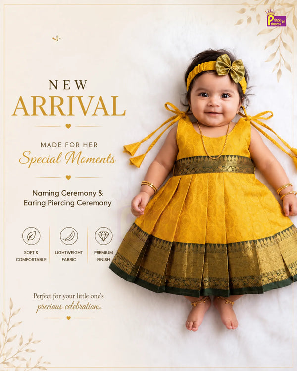 Ear Piercing Newborn Banarasi Pattu Frock - Yellow & Gold Zari Dress + Headband LF2048