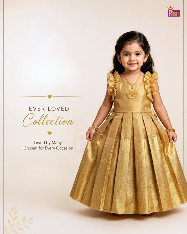 Gold Raw Silk Pattu Gown Frill Sleeve | Traditional Festival Gown PG466