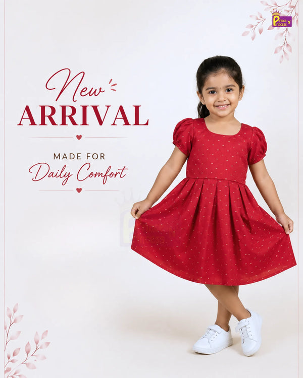 Red Dobby Cotton Frock for Girls | Square Neck Puff Sleeve Daily Wear CF437