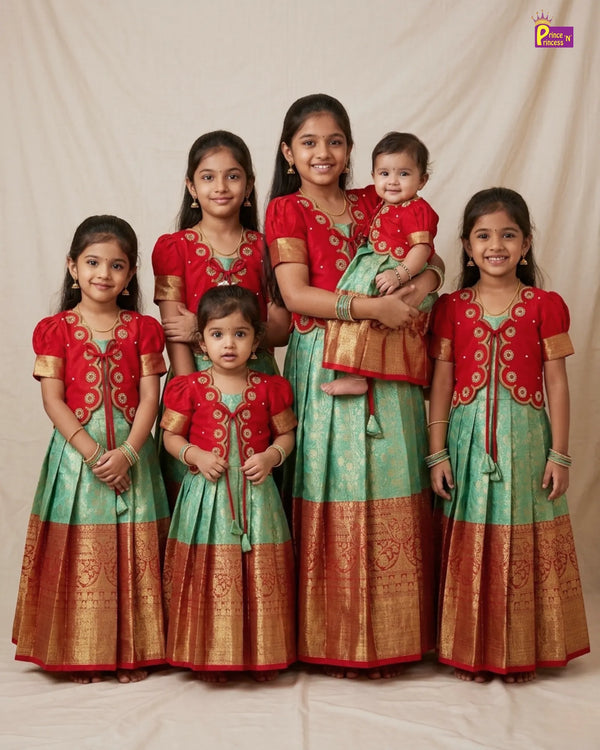 Baby Girl Red & Green Banarasi Pattu Gown - Aari Work Coat Pattu Gown Set for Kids PG696