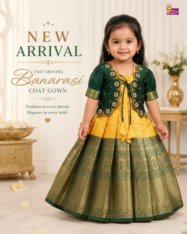 Baby Girl Yellow & Green Banarasi Pattu Gown - Aari Work Coat Pattu Gown Set  PG706