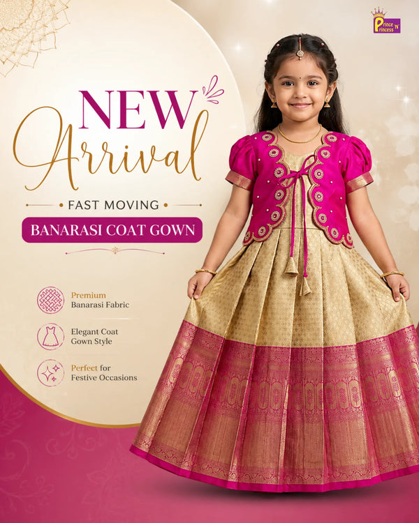 Baby Girl Pink & Sandal Banarasi Pattu Gown - Aari Work Coat Pattu Gown Set  PG707