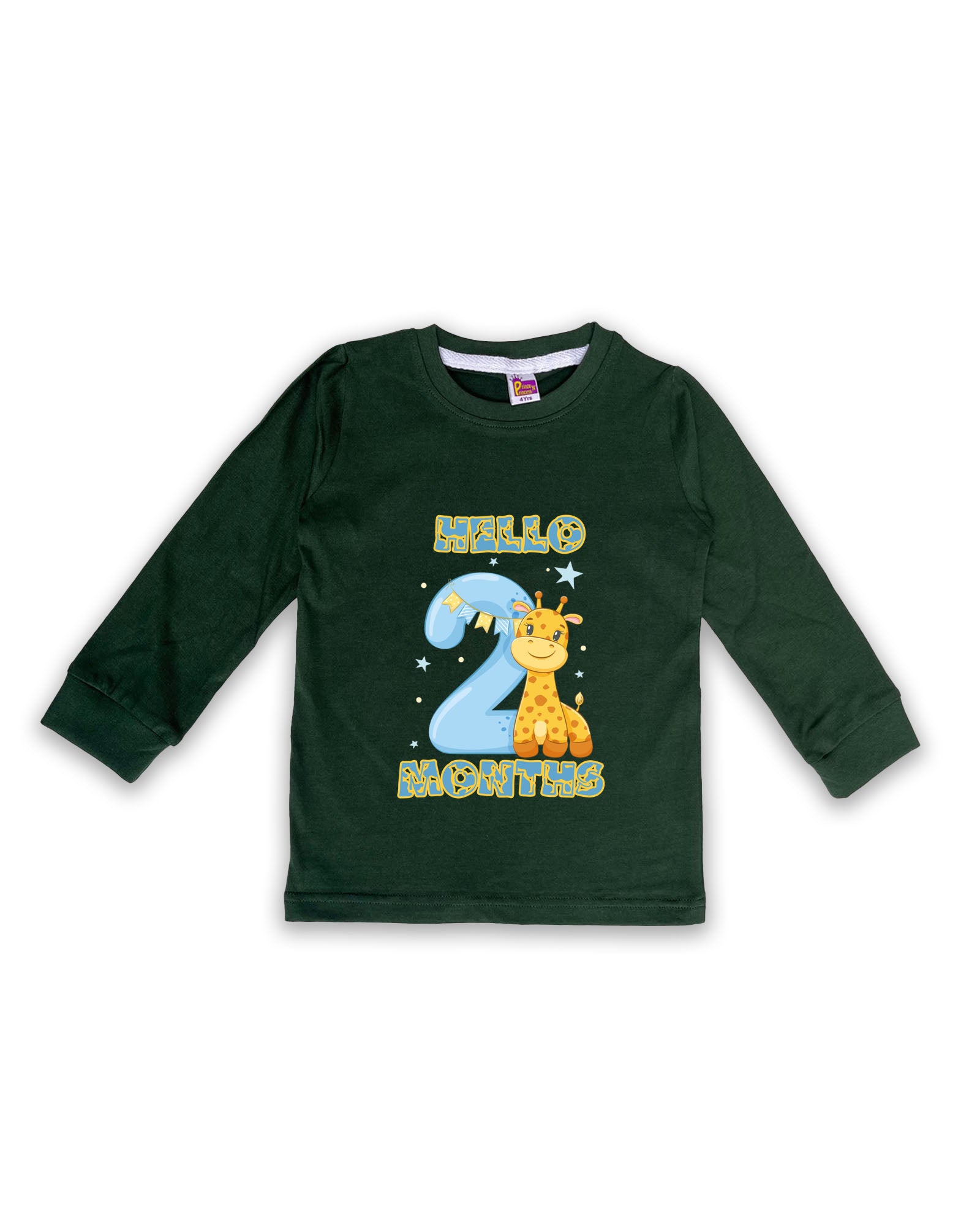 Newborn Dark Green Full Sleeve "Hello 2 Months" Milestone Tees – Soft Cotton | Cute Giraffe Design | Milestone Outfit NPT013