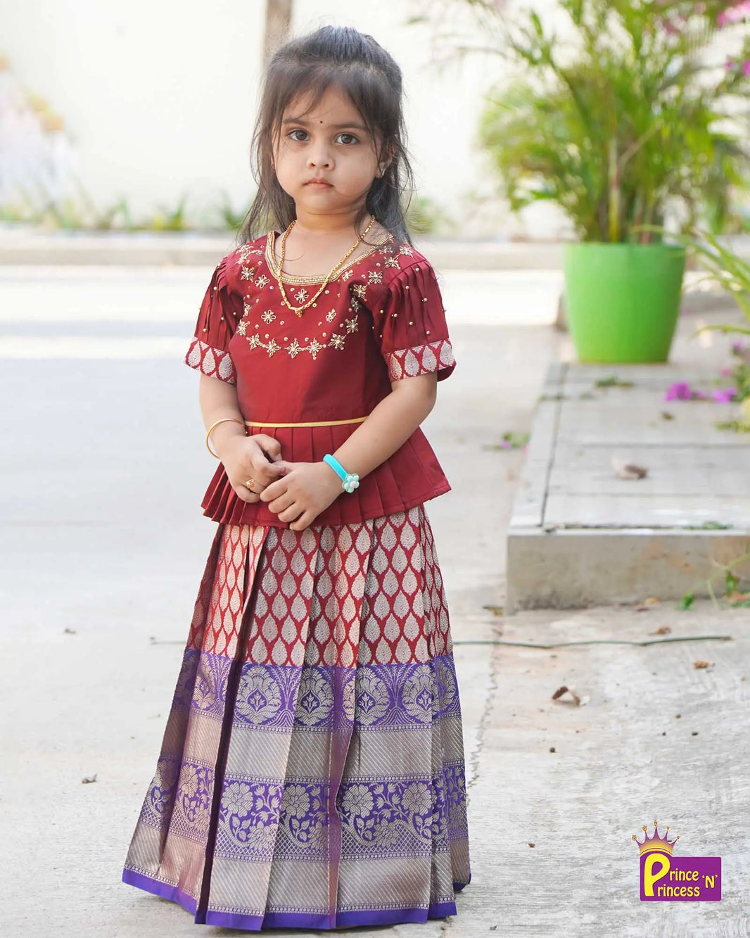 Prince N Princess Green Maroon AARI work Pattu Gown PG379