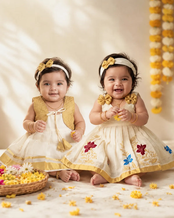 Onam Traditional Flower embroidery Pattu Frock + Hairband LF609