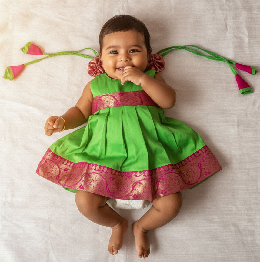 New Born Green Banarasi Silk Knot Type Frock LF1616