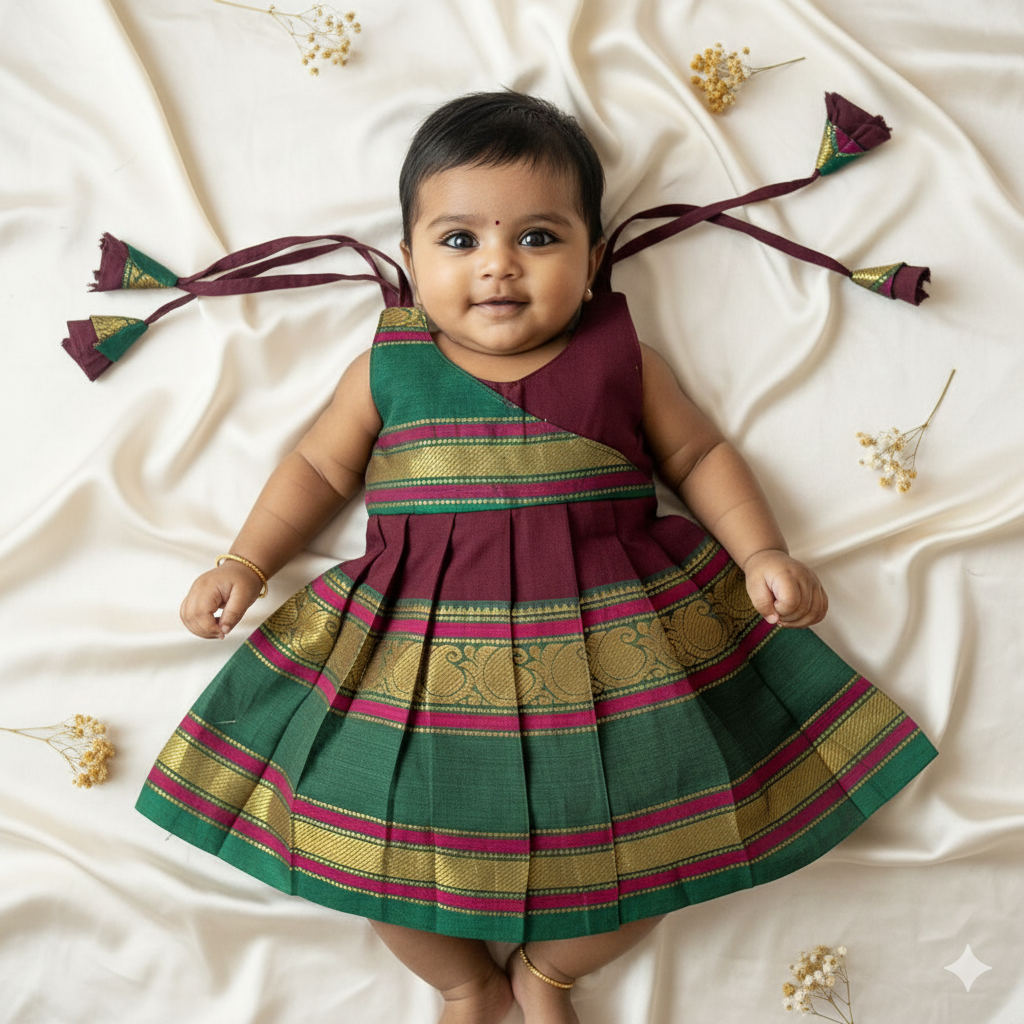 New Born Maroon with Green Chettinad Cotton Frock LF1644