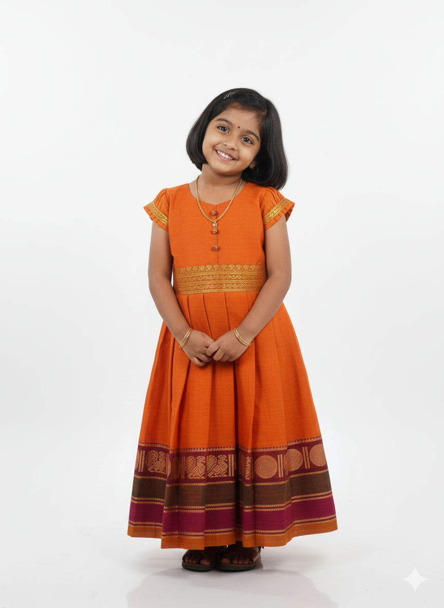 Kids Orange Chettinad Cotton Gown PG606