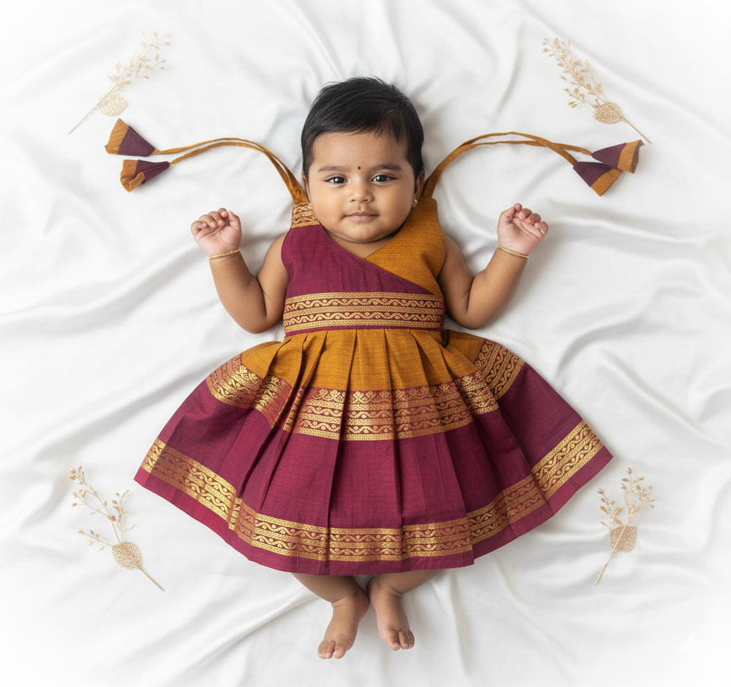New Born Maroon with Mustard Chettinad Cotton Frock LF1645
