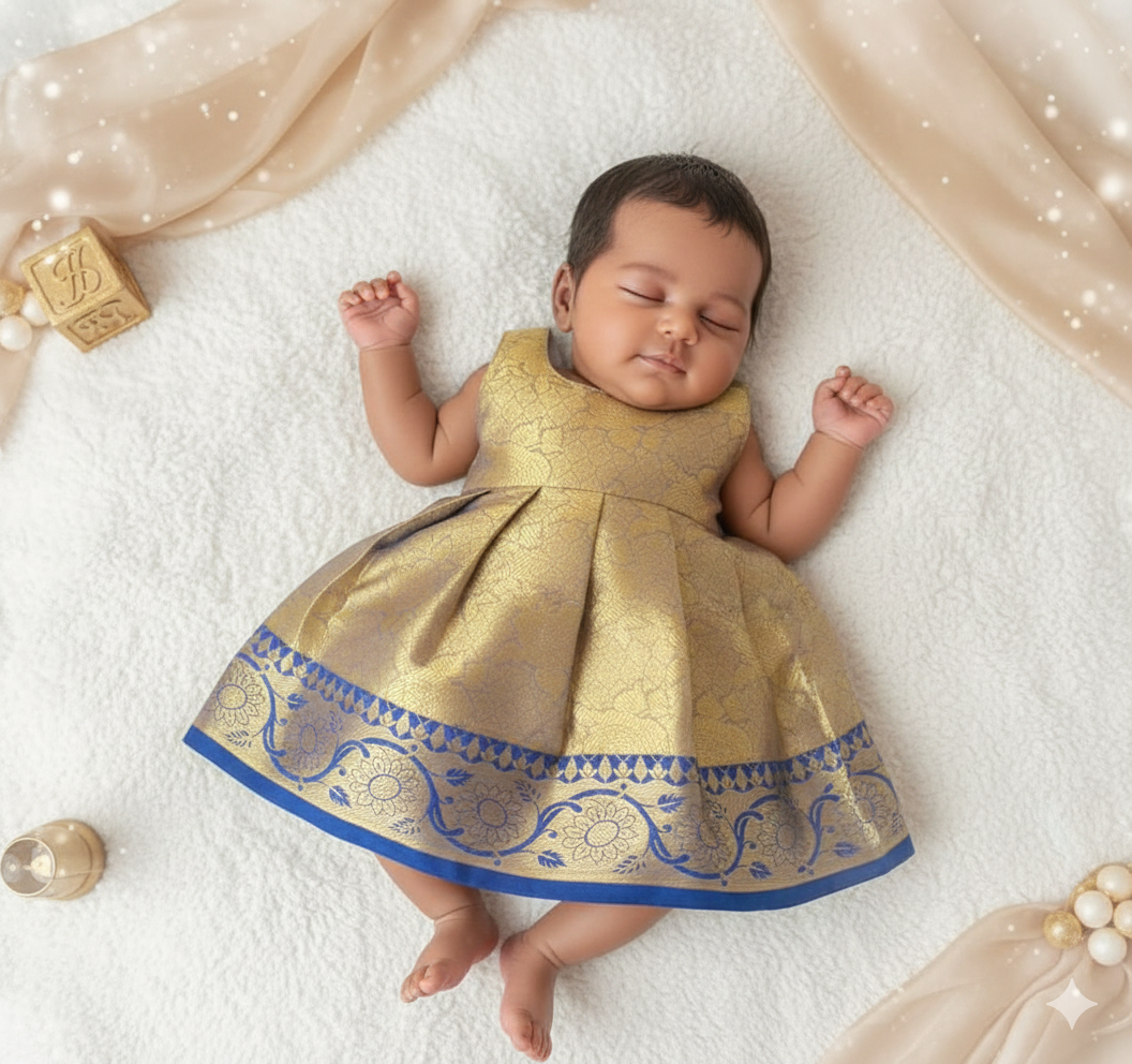 New Born Blue with Gold Banarasi Silk Knot Type Frock LF1628
