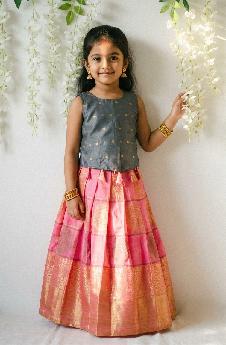 Kids Grey & Pink Raw Silk Lehenga Choli LC283