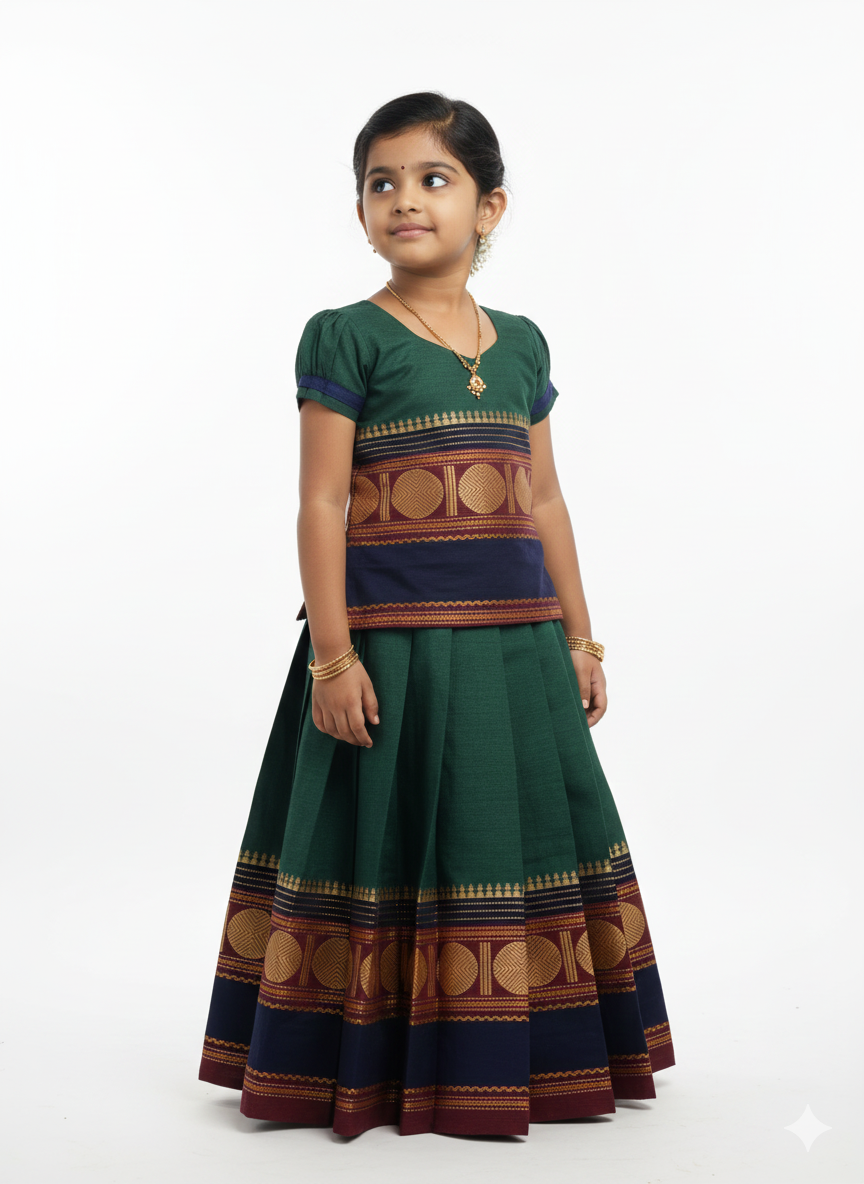 Kids Green Chettinad Cotton Traditional Pavadai Sattai PPP188