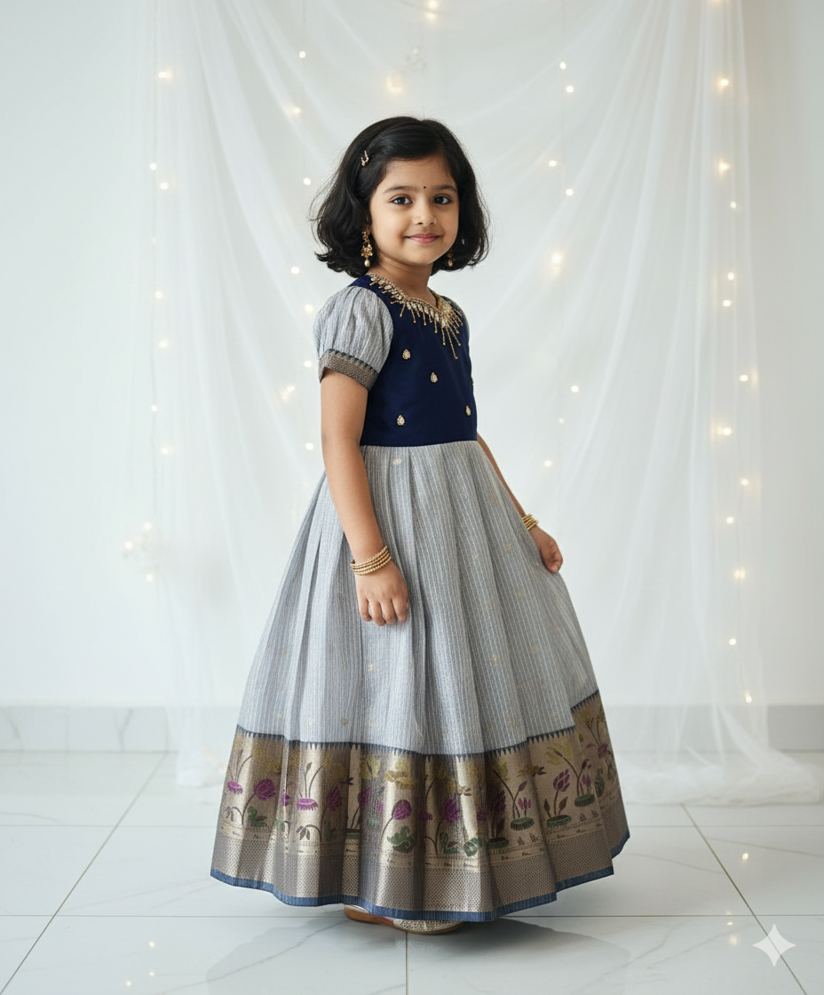 Kids Navy Tisue AARI Ethnic Party Gown PG622