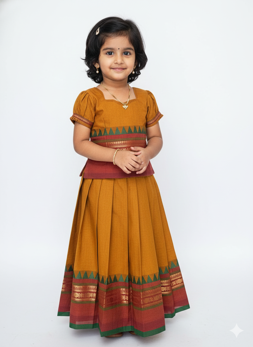 Kids Mustard Chettinad Cotton Traditional Pavadai Sattai PPP1953