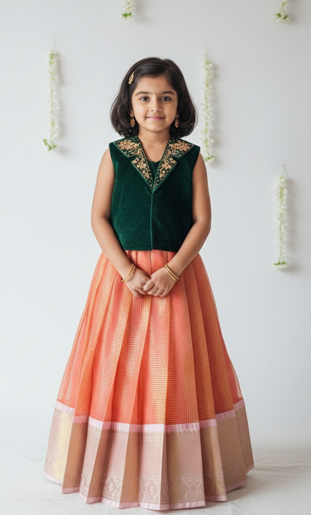 Kids Green with Orange Aari work Traditional Coat Gown PG629