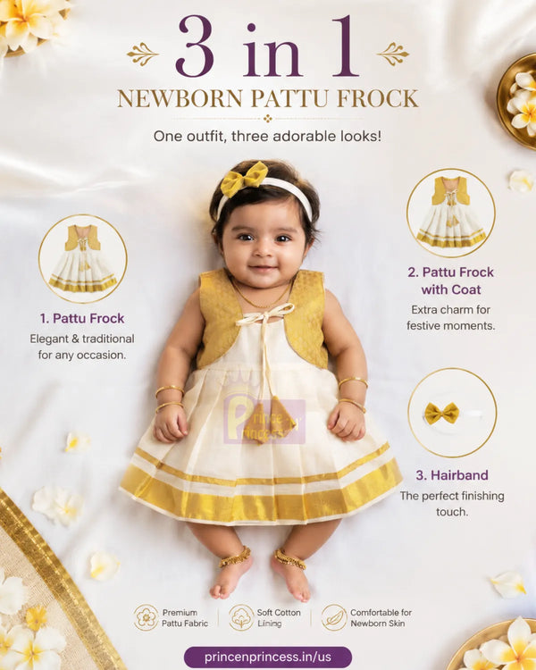 Onam New Launch | 3-in-1 Newborn Pattu Frock..