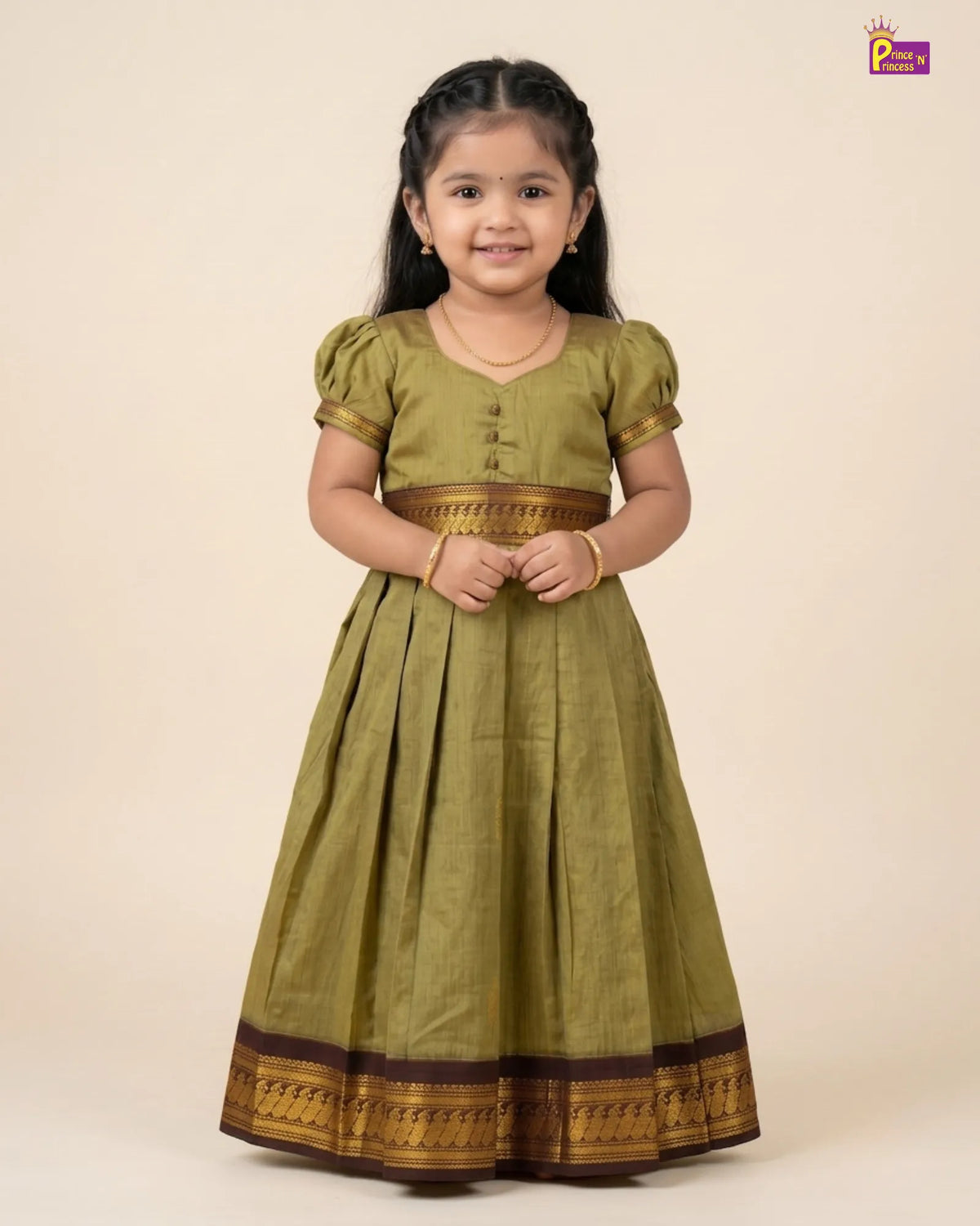 Girls Olive Green Kalyani Cotton Traditional Gown with Zari Border PG744