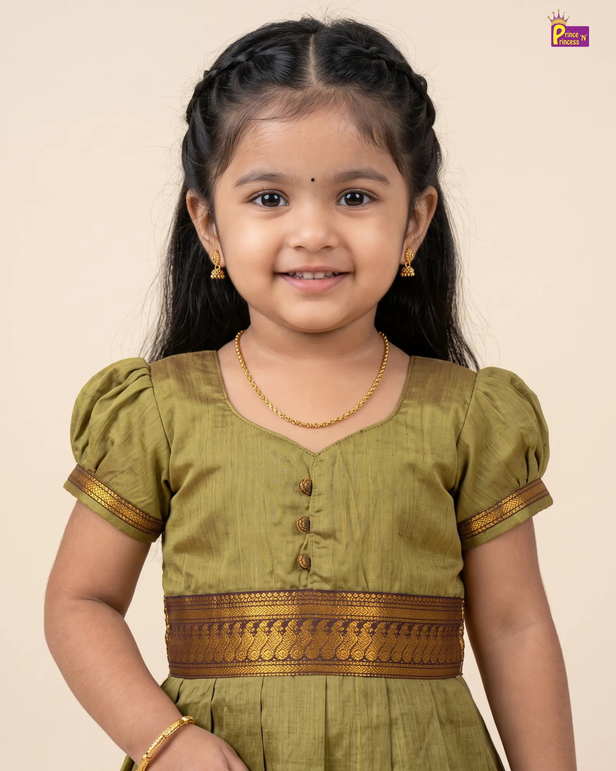 Girls Olive Green Kalyani Cotton Traditional Gown with Zari Border PG744