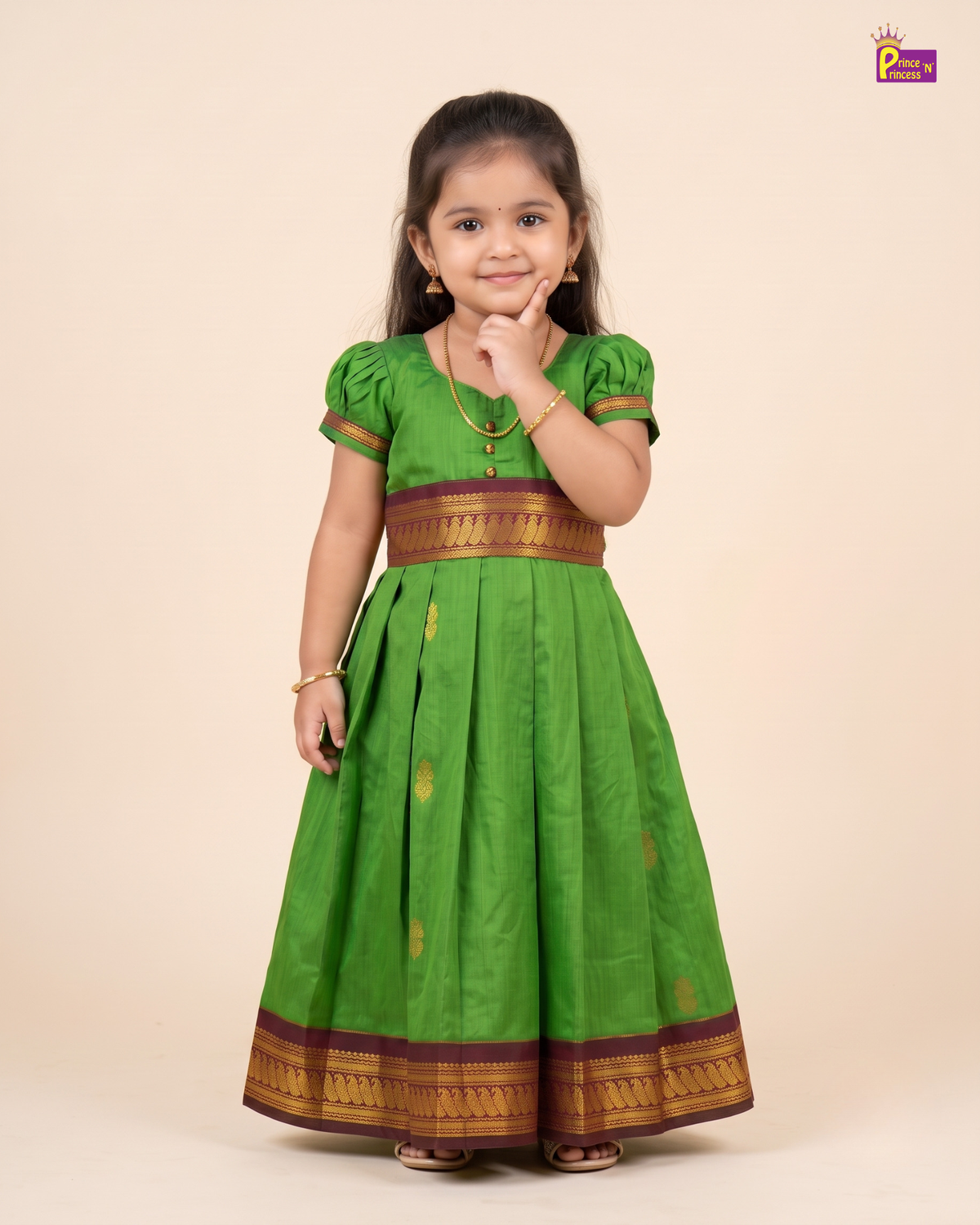 Girls Green Kalyani Cotton Traditional Gown with Zari Border PG743