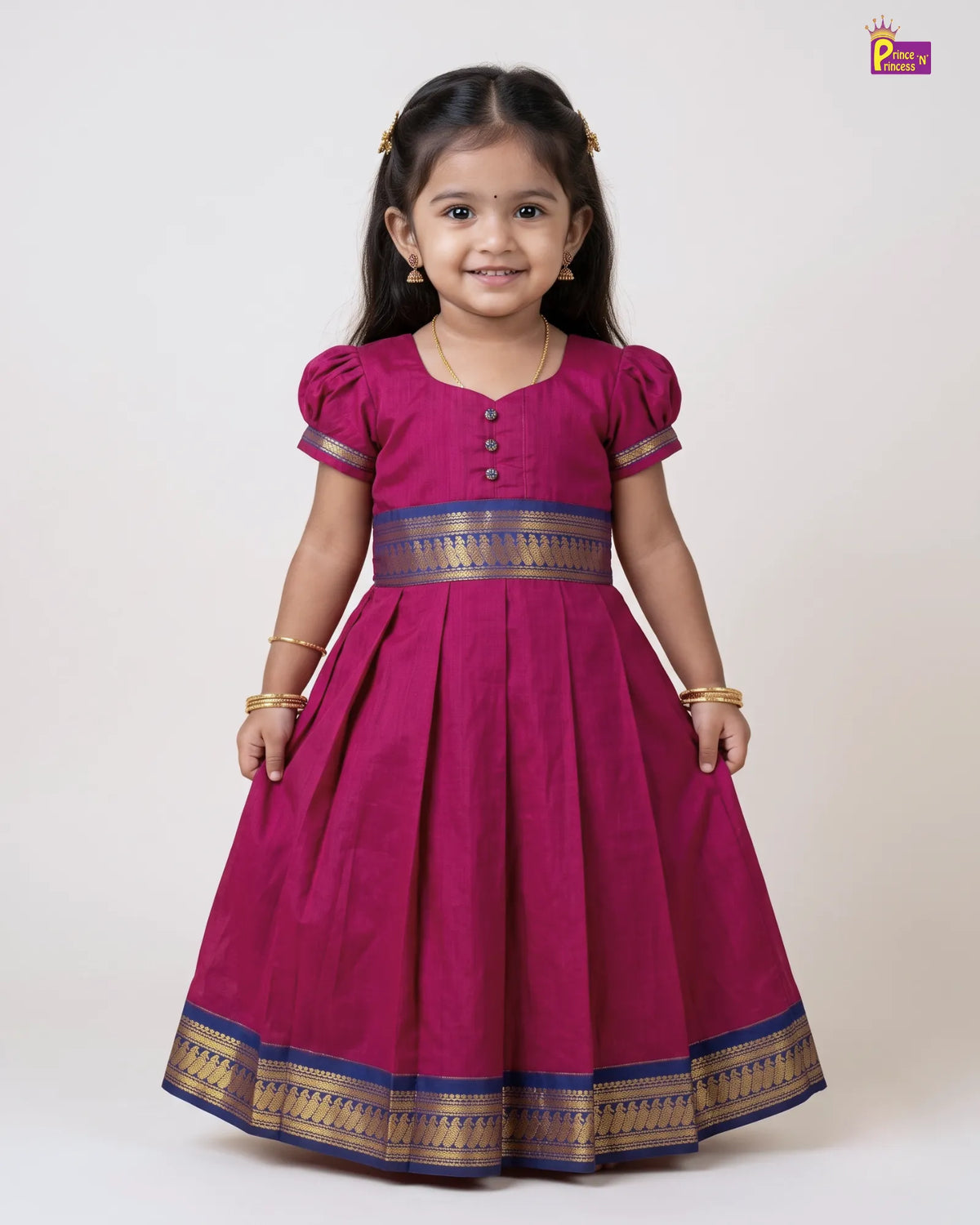 Girls Magenta Kalyani Cotton Traditional Gown with Blue Gold Zari PG741