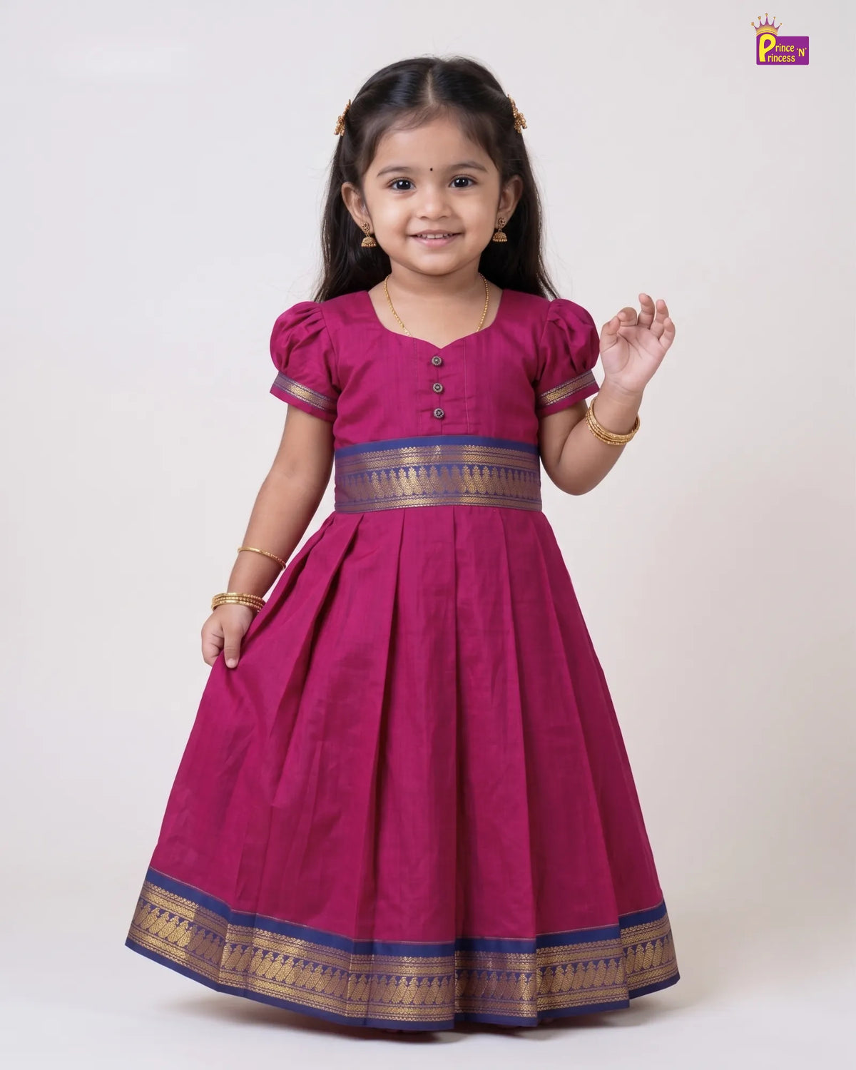 Girls Magenta Kalyani Cotton Traditional Gown with Blue Gold Zari PG741