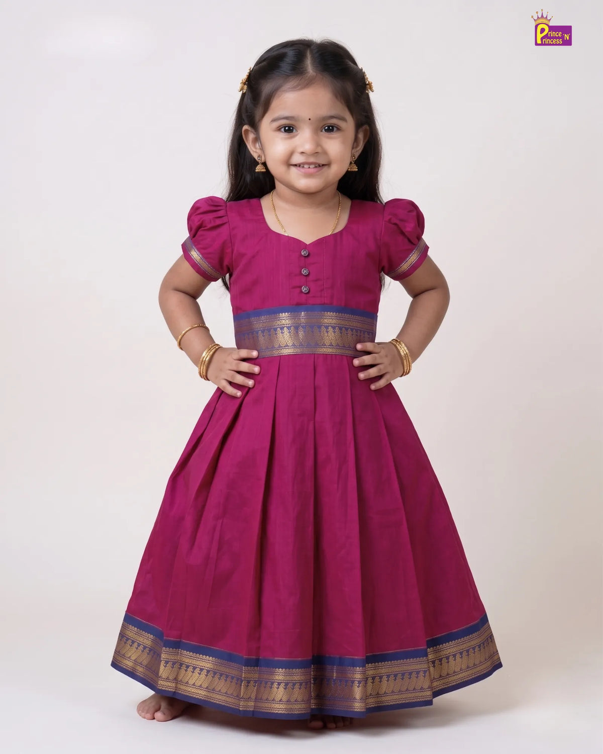 Girls Magenta Kalyani Cotton Traditional Gown with Blue Gold Zari PG741