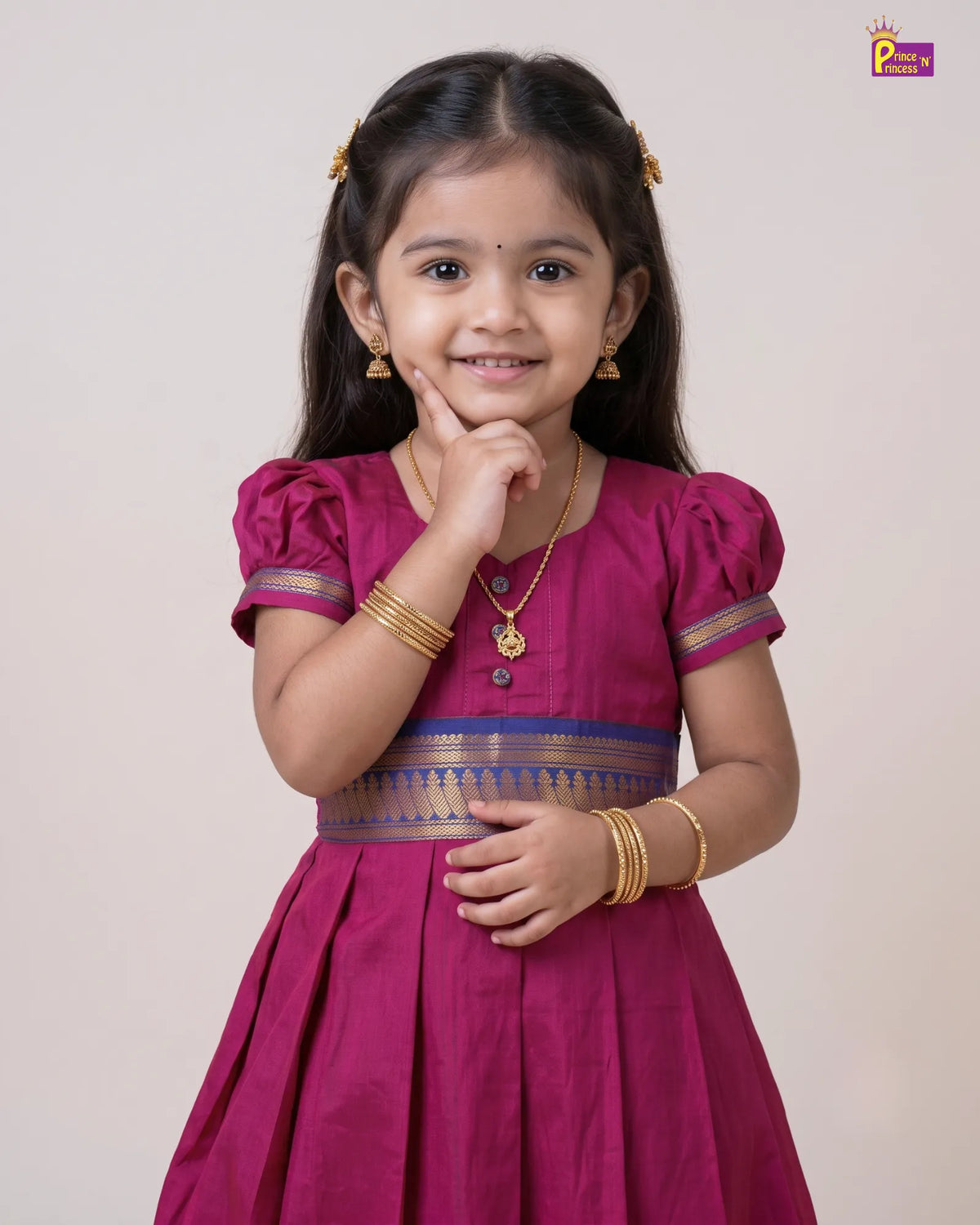 Girls Magenta Kalyani Cotton Traditional Gown with Blue Gold Zari PG741