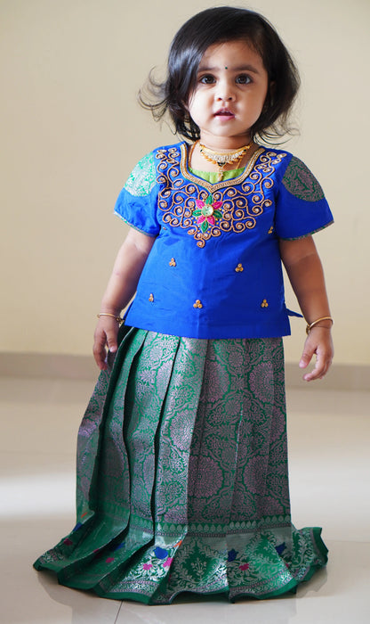 Kids Grand Blue With Green Embroidery Aari Work Pink Zari Pattu Pavadai PPP1182 Prince N Princess