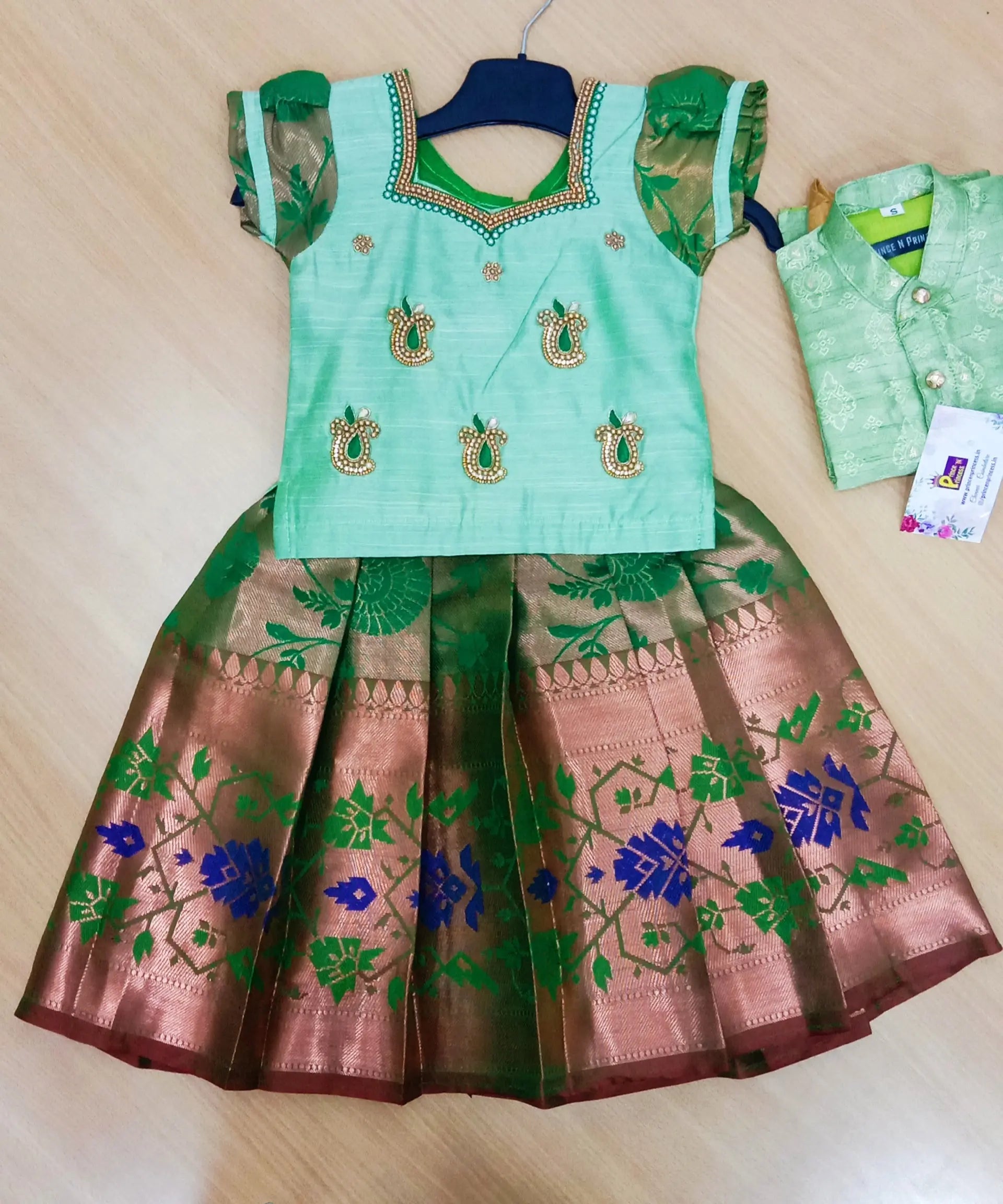 Kids Grand Green  Embroidery Aari Work Pattu Pavadai PPP1147 Prince N Princess