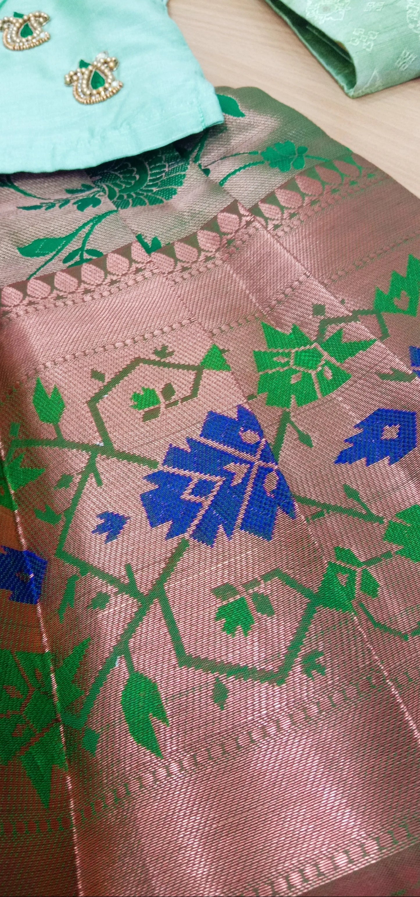 Kids Grand Green Green Embroidery Aari Work Pattu Pavadai PPP1147