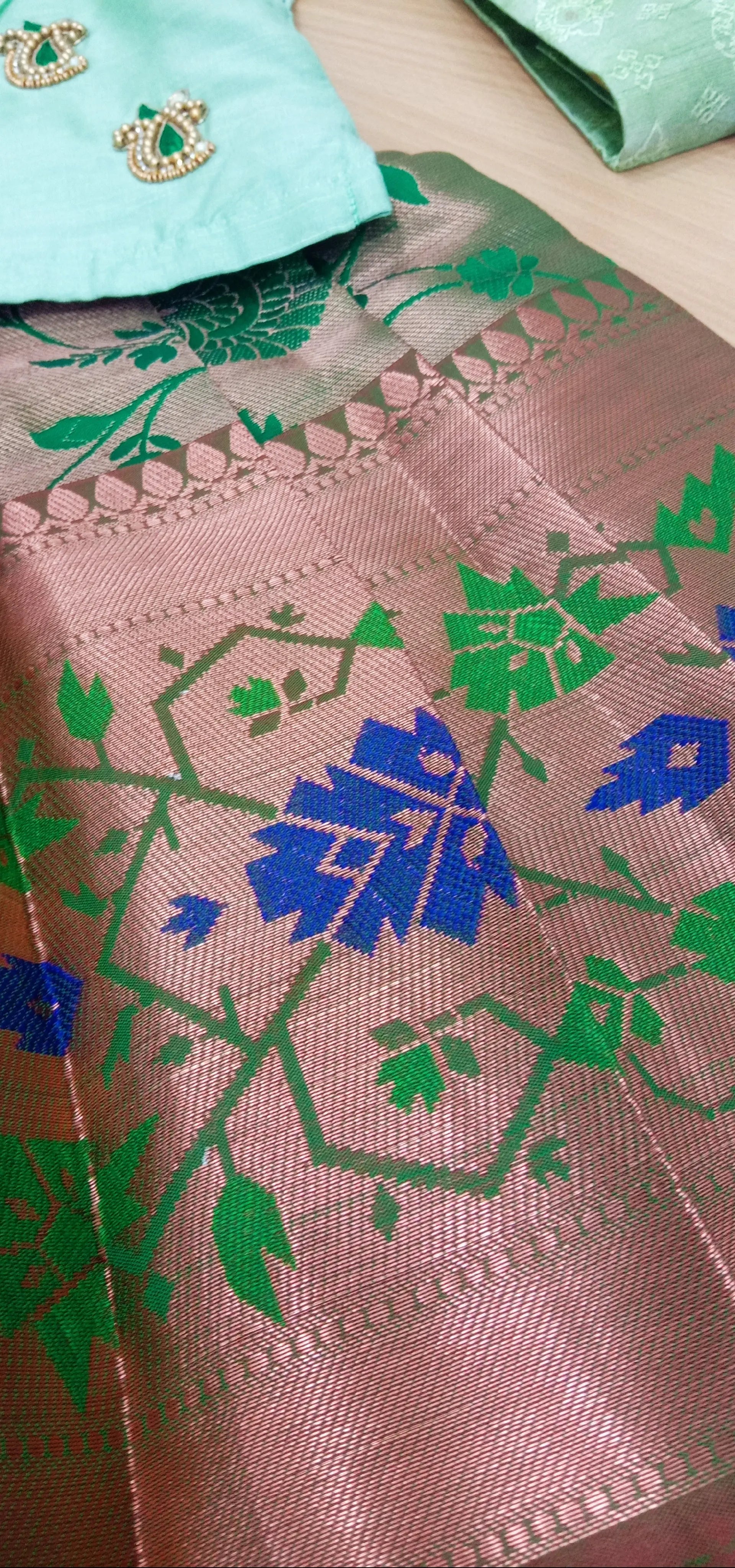 Kids Grand Green  Embroidery Aari Work Pattu Pavadai PPP1147 Prince N Princess