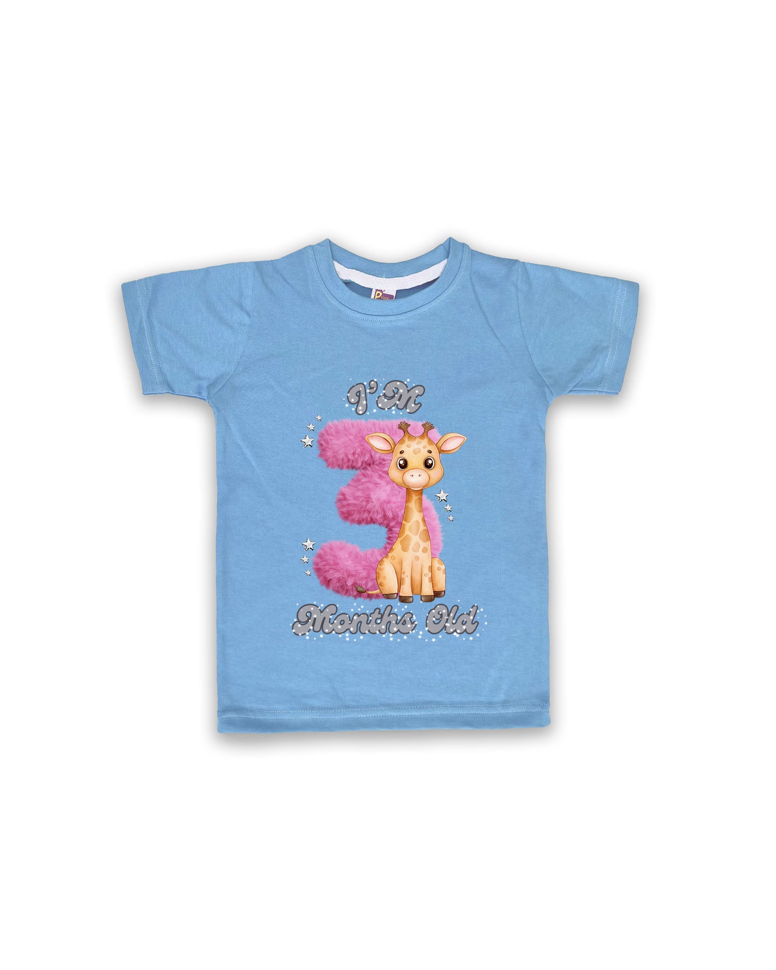 Newborn Ice Blue Tees "I’m 3 Months Old" – Soft Cotton | Pink 3 with Giraffe Print | Short Sleeve Milestone Outfit NPT064