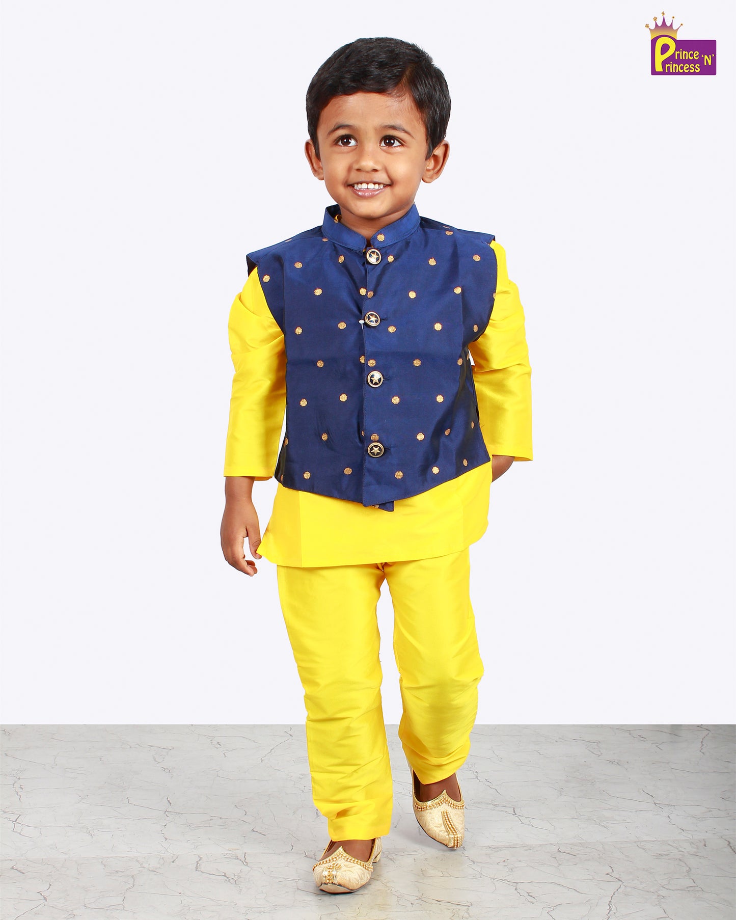 Boys Yellow Navy  Kurta Pajama with Coat KP045