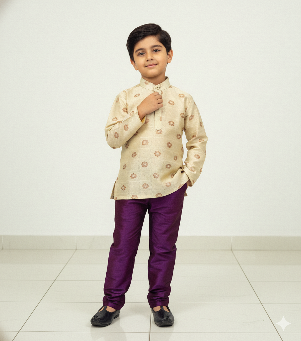 Boys Beige Megenta Kurta Pajama KP089